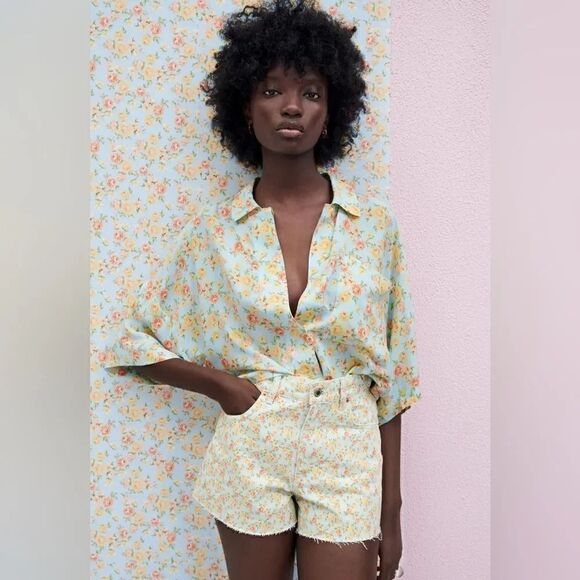 ZARA FLORAL DENIM ZW THE ‘90S SHORTS - Picture 2 of 7